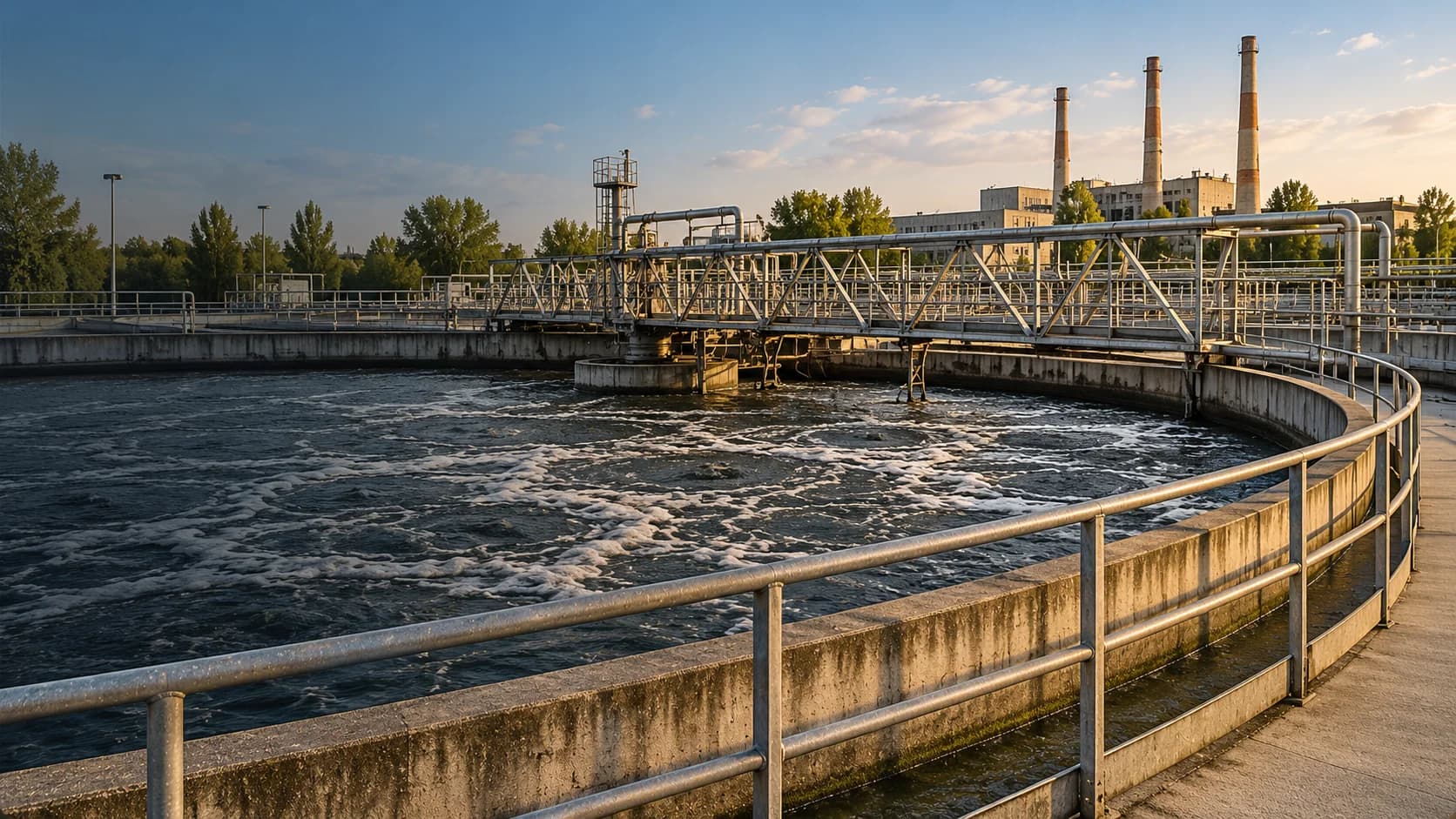 Illustrative wastewater treatment plant with a circular concrete basin, aerated water, steel walkways and factory buildings in the background.