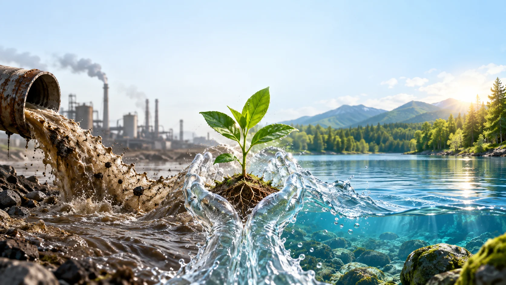 Illustrative artwork: wastewater flows toward water-shaped hands cradling a sapling, opening onto a clean lake.